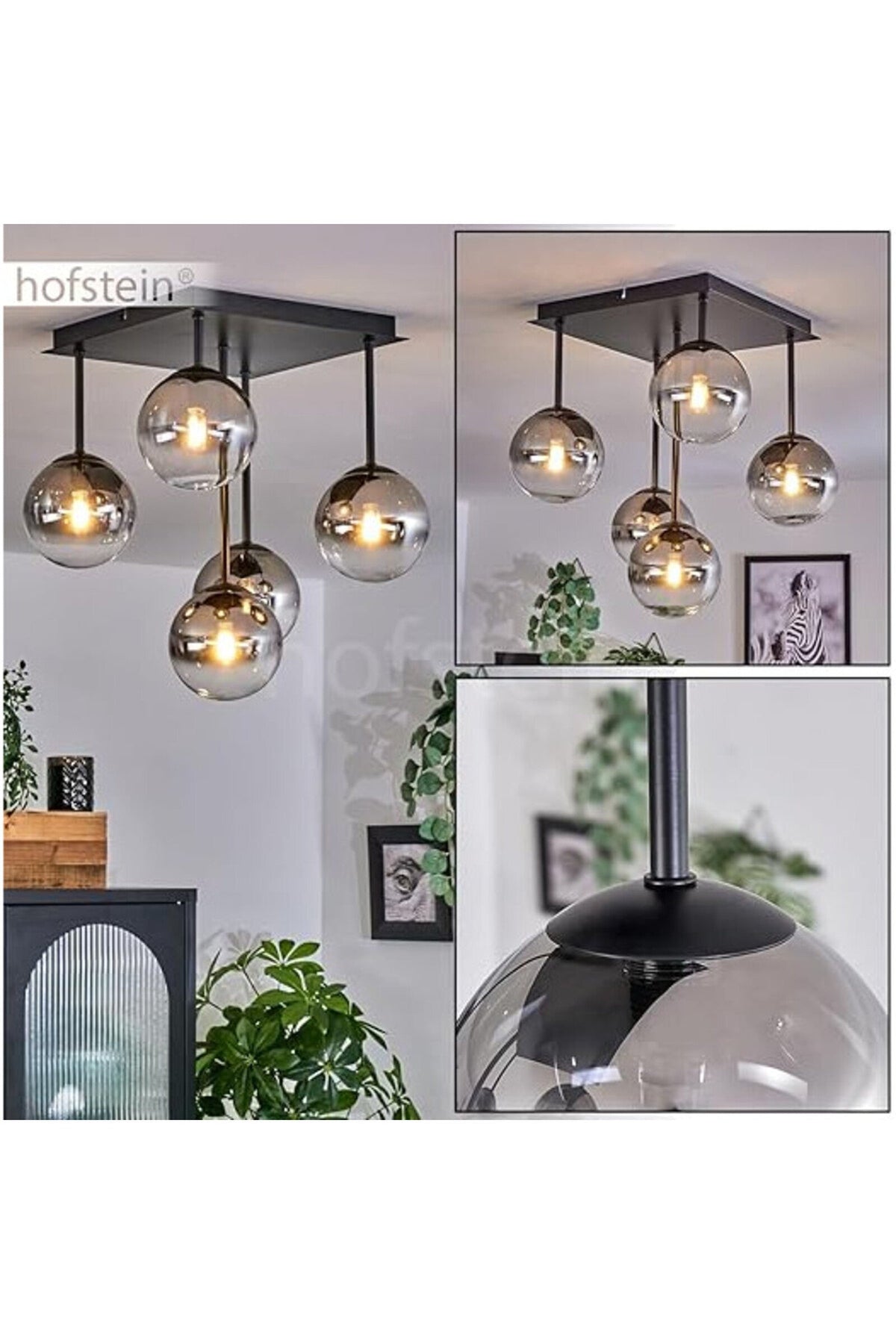 Plafonieră neagră cu 6 socluri E27, din metal și acril, 57 cm