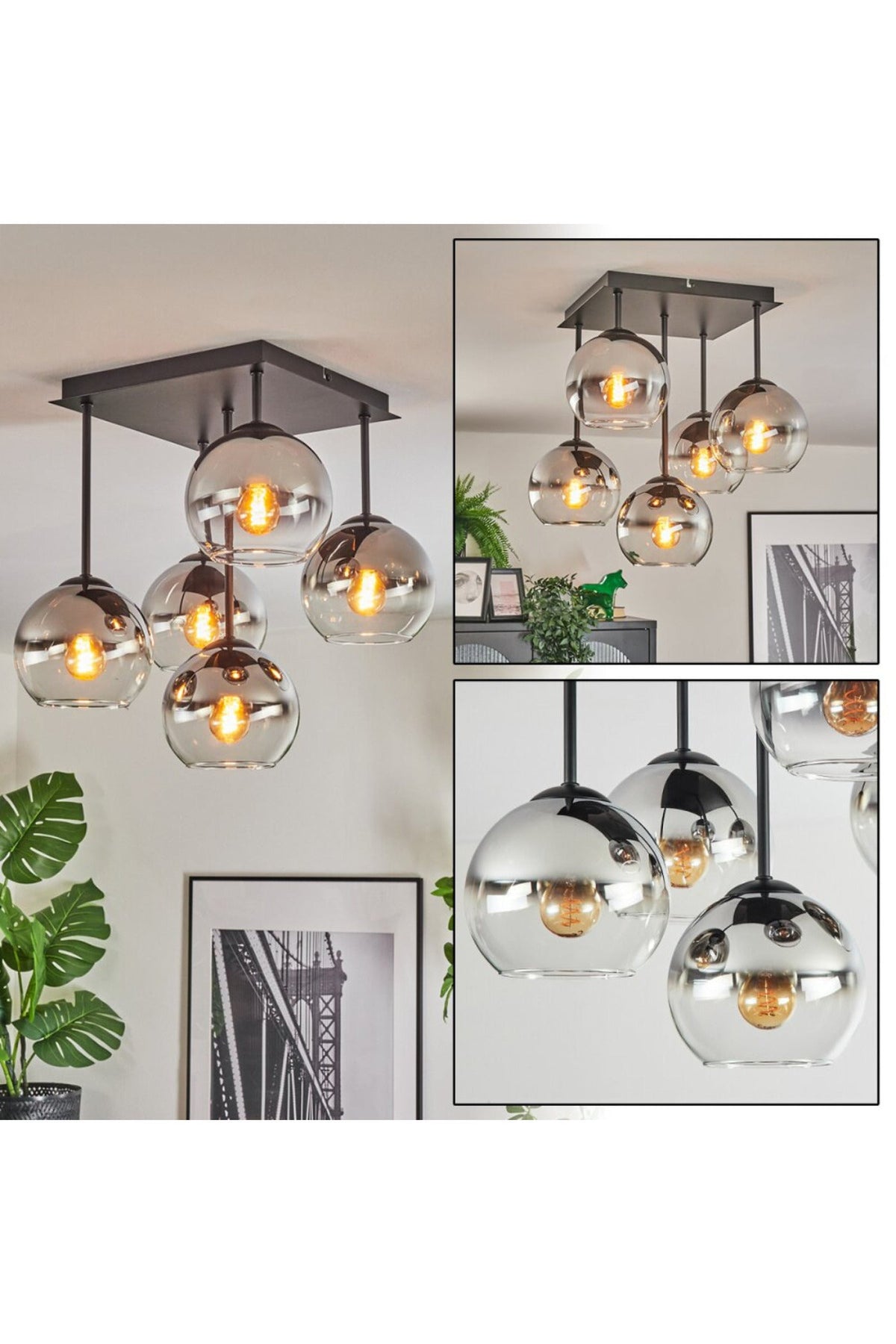 Plafonieră neagră cu 6 socluri E27, din metal și acril, 57 cm