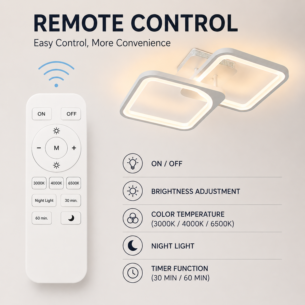 Plafonieră LED pătrată albă, 8 lumini, 35 W, cu telecomandă
