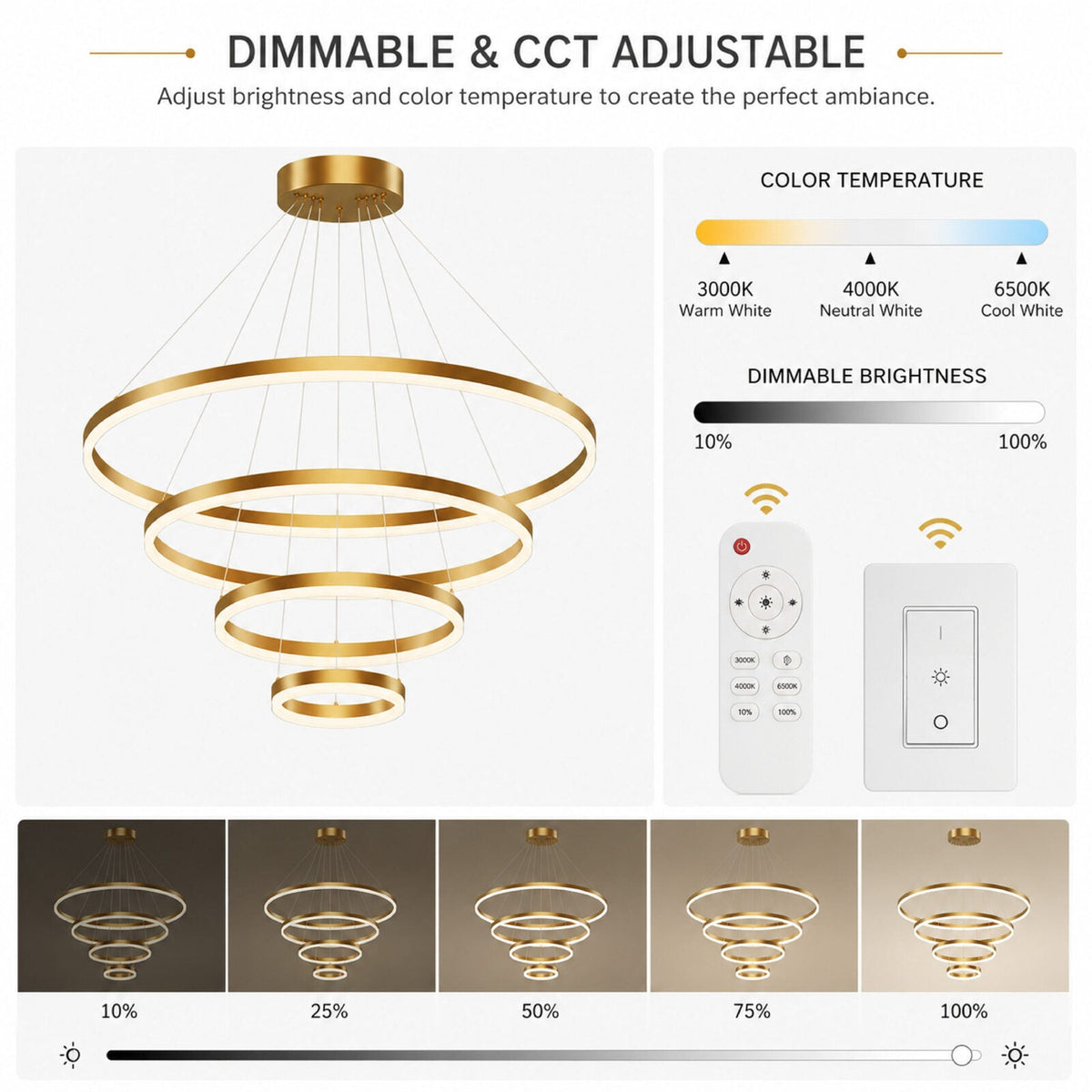 Plafonieră LED aurie cu 3 lumini, dimabilă și cu telecomandă