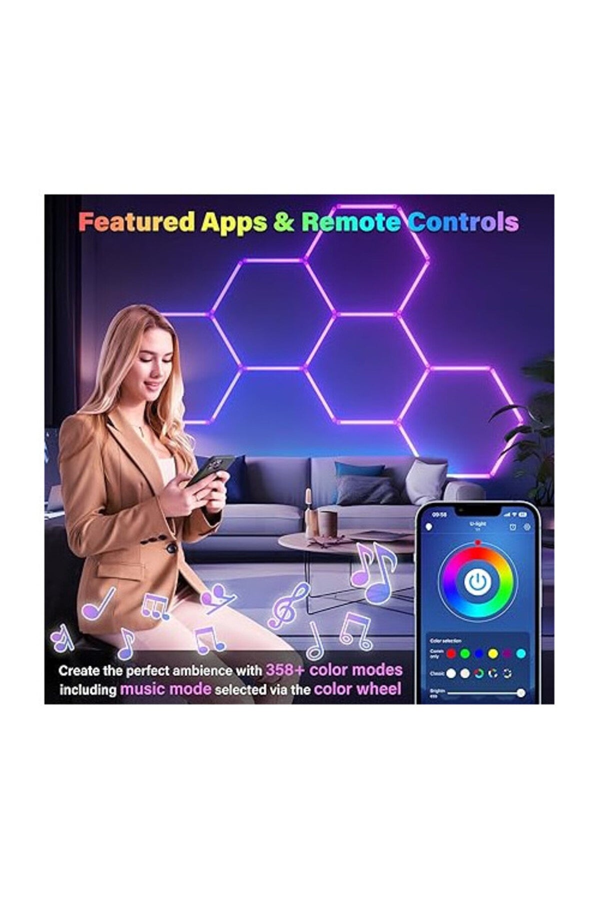 Plafonieră LED 90 W cu 5 hexagoane, RGB, IP65
