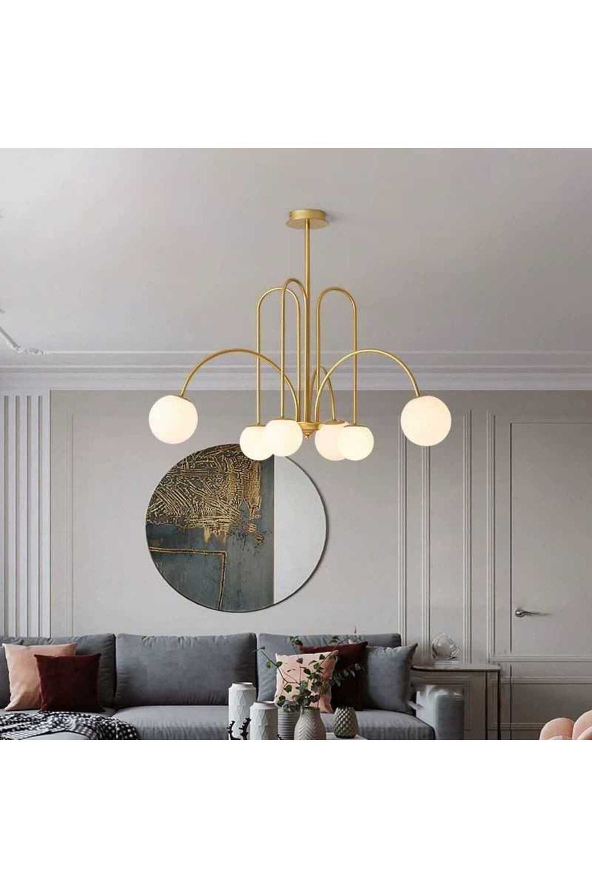 Candelabru LED auriu cu 6 globuri albe mate, Ø80 cm