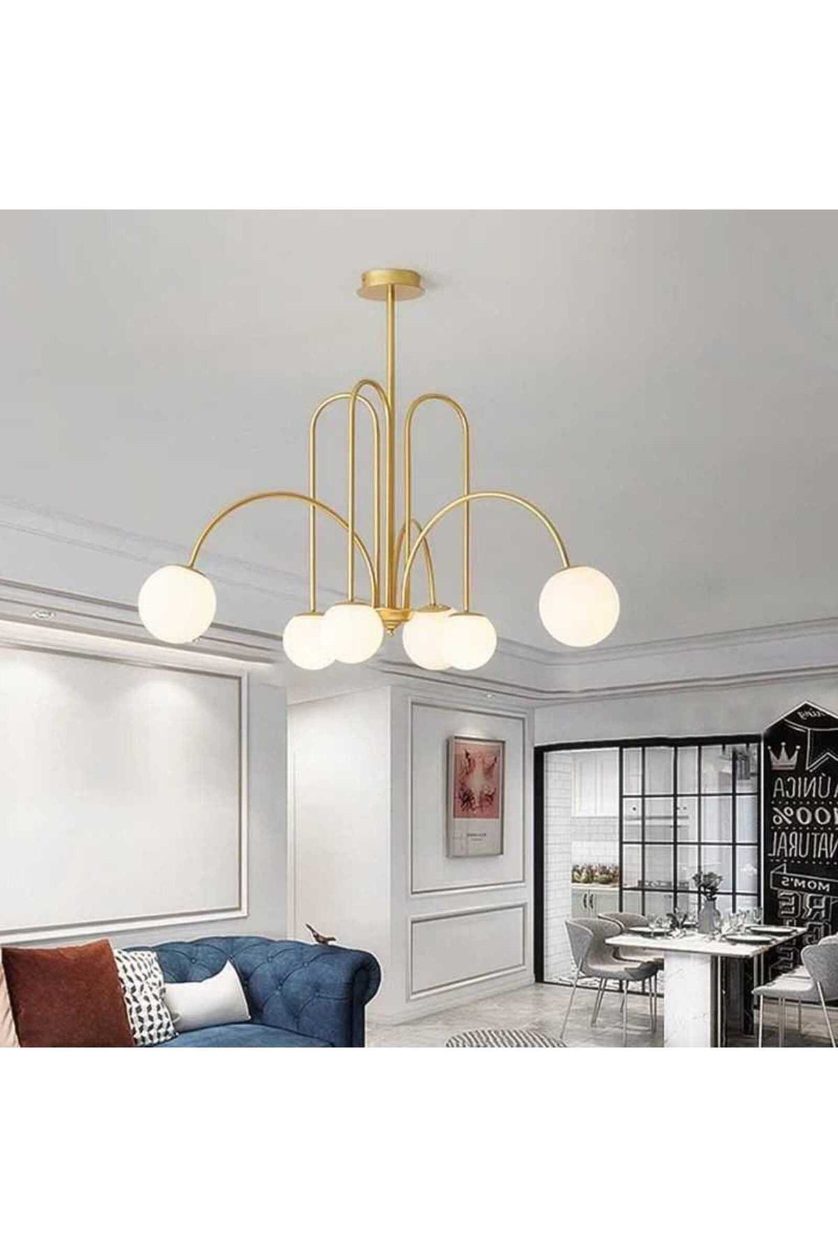Candelabru LED auriu cu 6 globuri albe mate, Ø80 cm