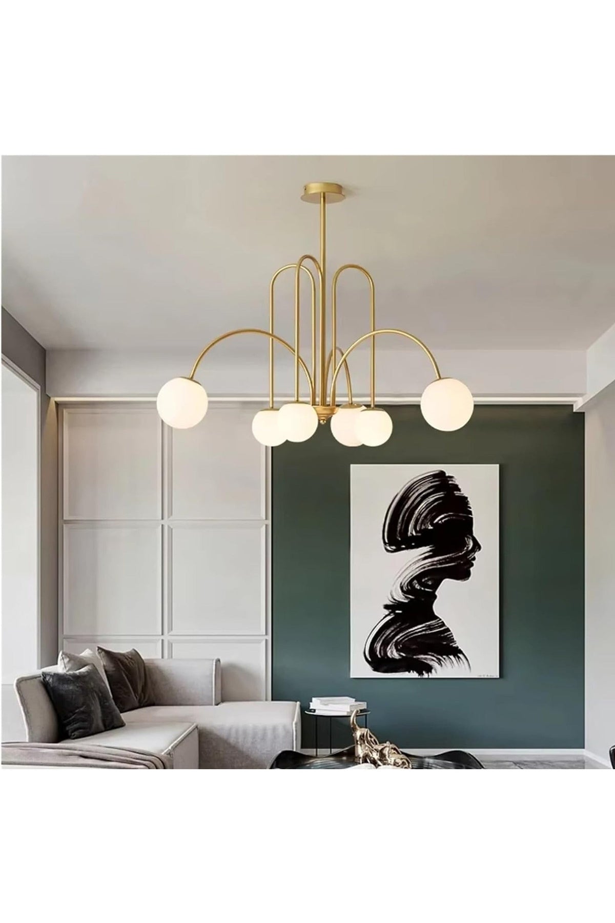 Candelabru LED auriu cu 6 globuri albe mate, Ø80 cm