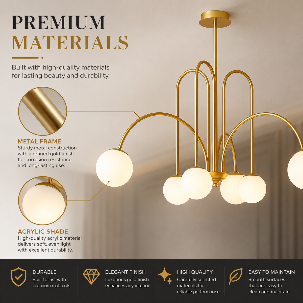 Candelabru LED auriu cu 6 globuri albe mate, Ø80 cm
