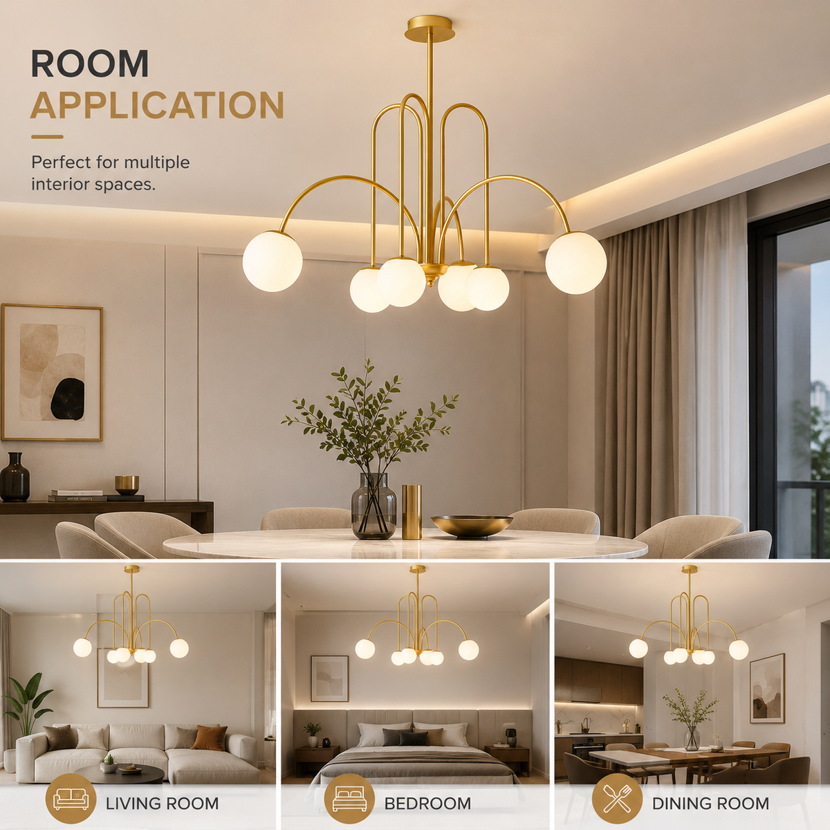 Candelabru LED auriu cu 6 globuri albe mate, Ø80 cm