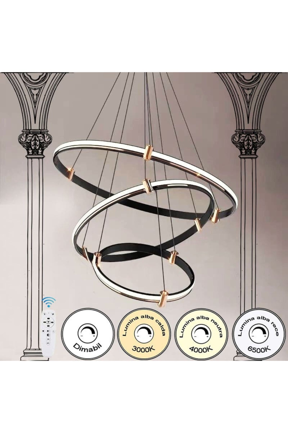 Candelabru LED negru cu 3 inele Ø40/60/80 cm, WiFi, telecomandă, reglabil