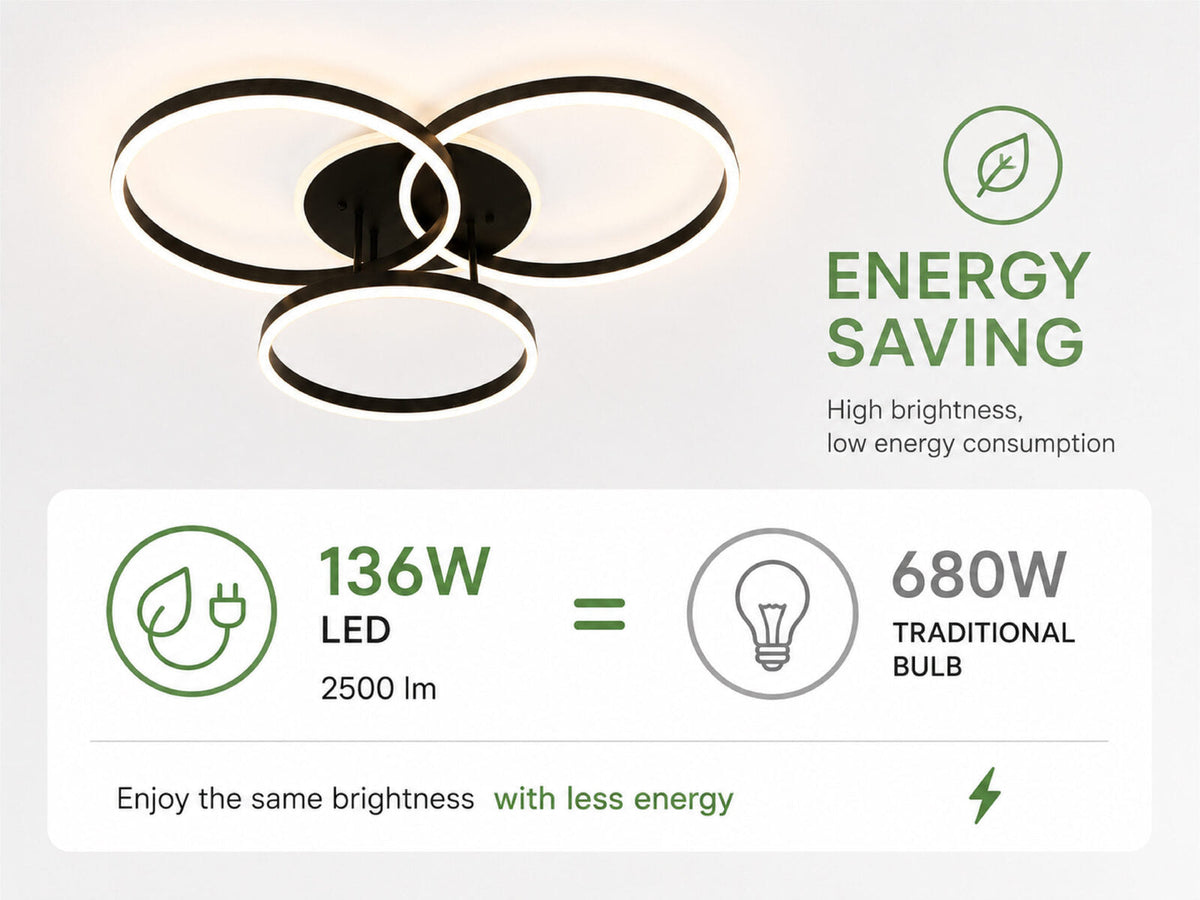 Plafonieră LED neagră 136 W, 6 surse, cu telecomandă, 2500 lm