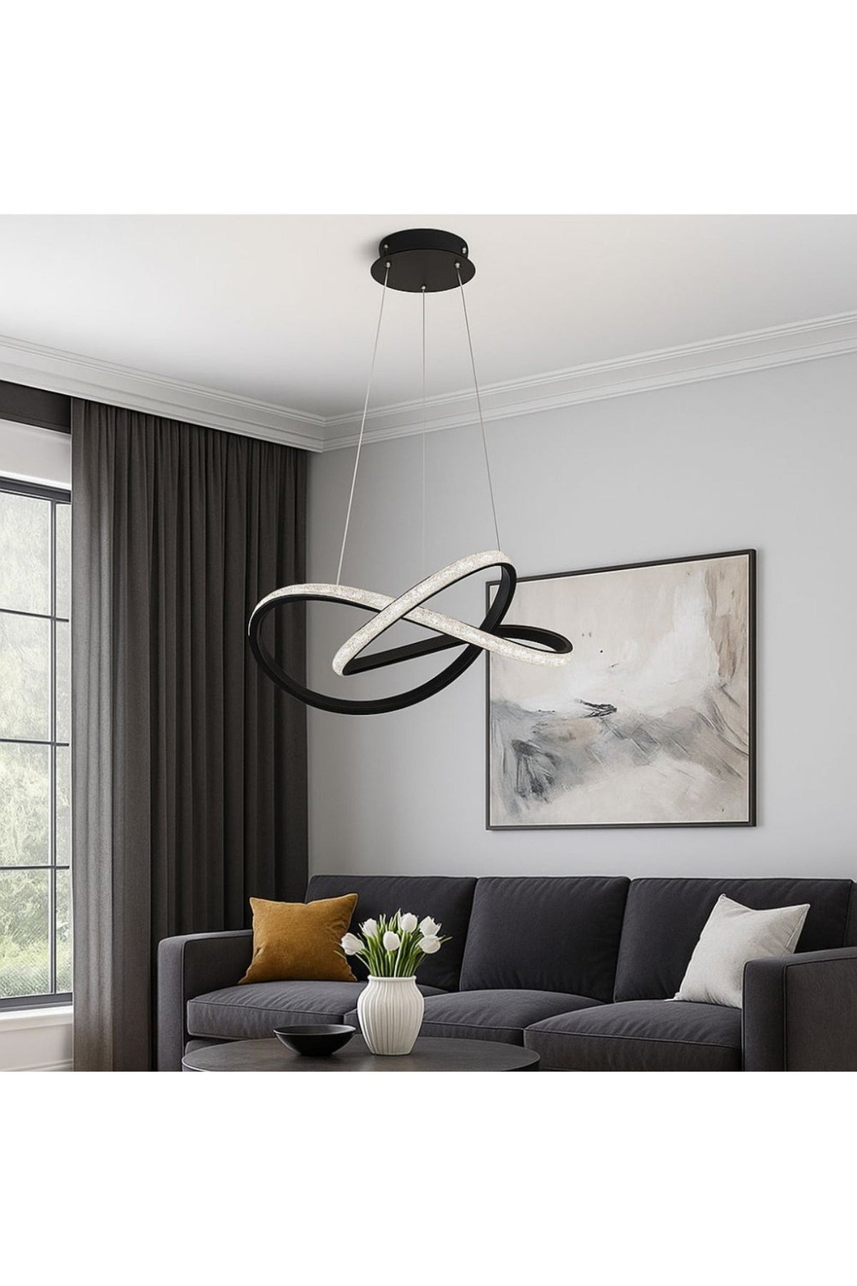 Lustră LED neagră cu cristale, 50 cm, WiFi, 3 culori, dimabilă