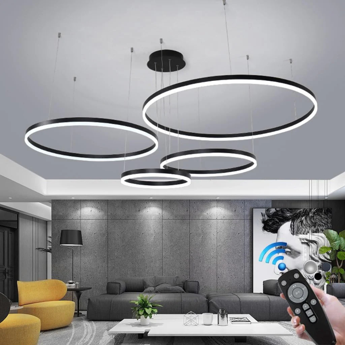 Lustră LED neagră cu 4 inele, dimabilă, cu telecomandă, 60–30 cm