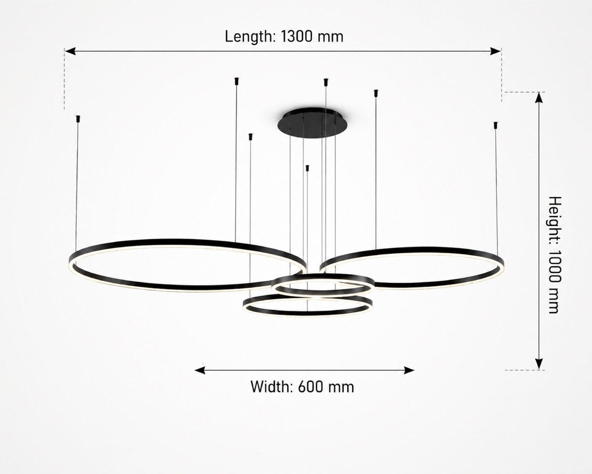 Lustră LED neagră cu 4 inele, dimabilă, cu telecomandă, 60–30 cm