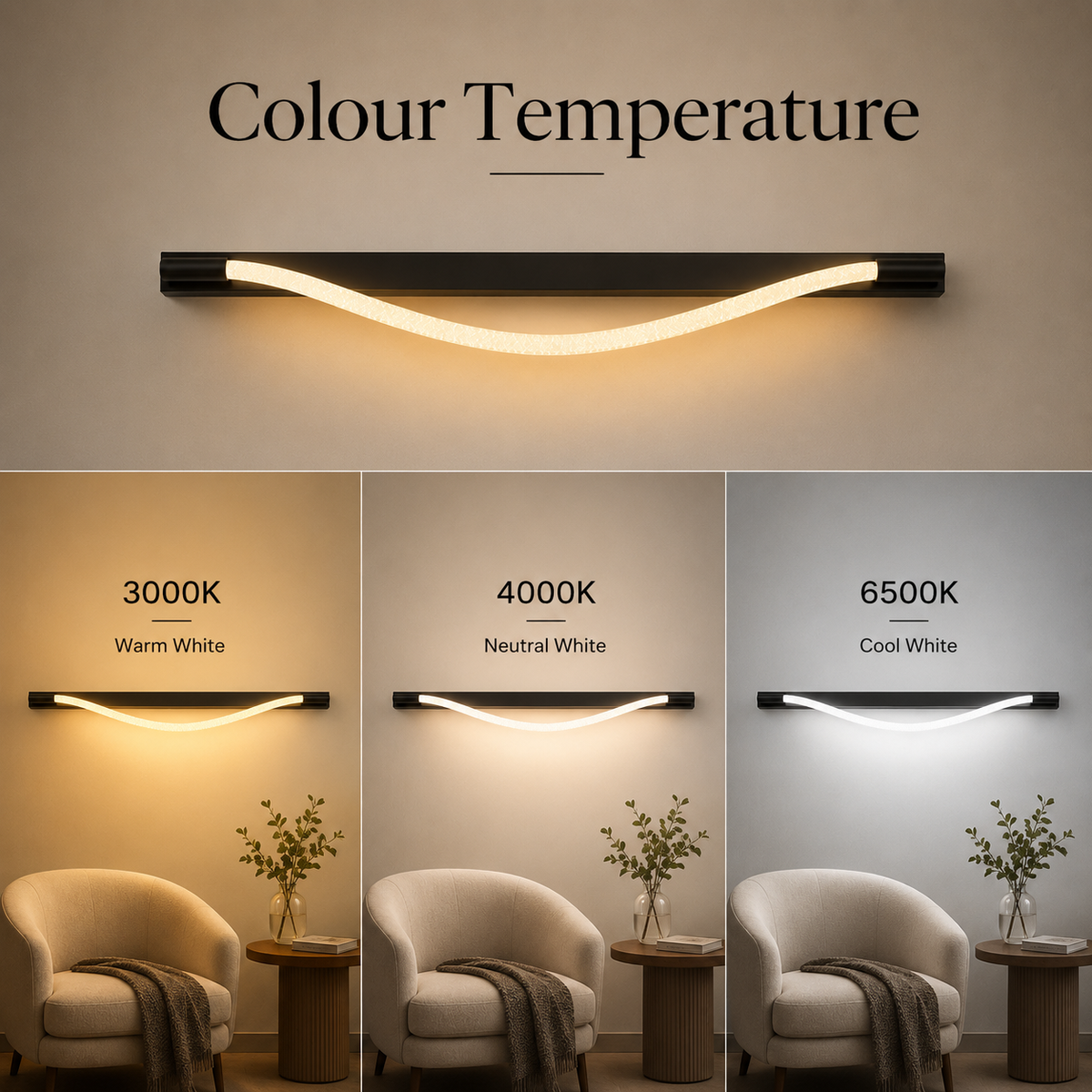Aplică LED neagră de perete, 100 cm, 3 culori de lumină, IP20