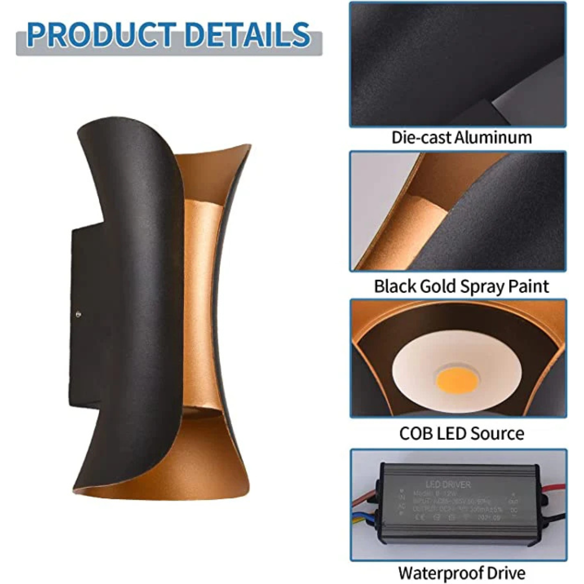Aplica LED de exterior Clada, 10 W, aluminiu și acril, negru-auriu