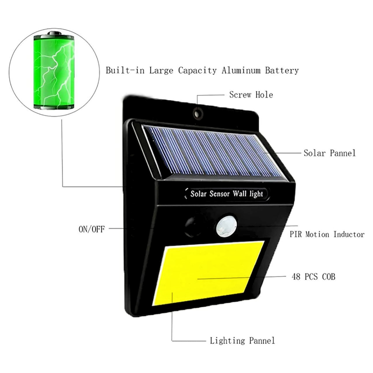 Lampă solară LED de exterior cu senzor de mișcare, 48 LED-uri COB, 5 W
