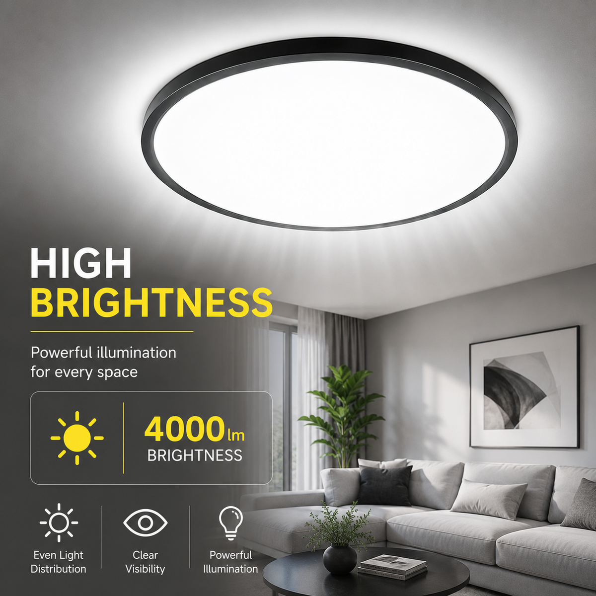 Plafonieră LED neagră Ø50 cm, 60 W, 4000 lm, 3 culori, IP44