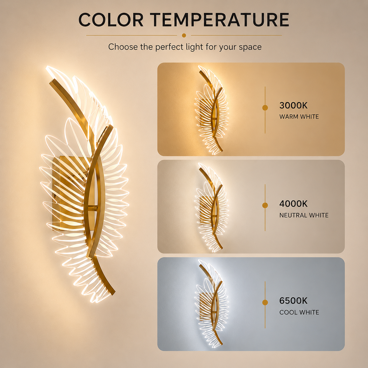 Aplică de perete LED Angel, 50 cm, 18 W, aurie, 3 tonuri de lumină