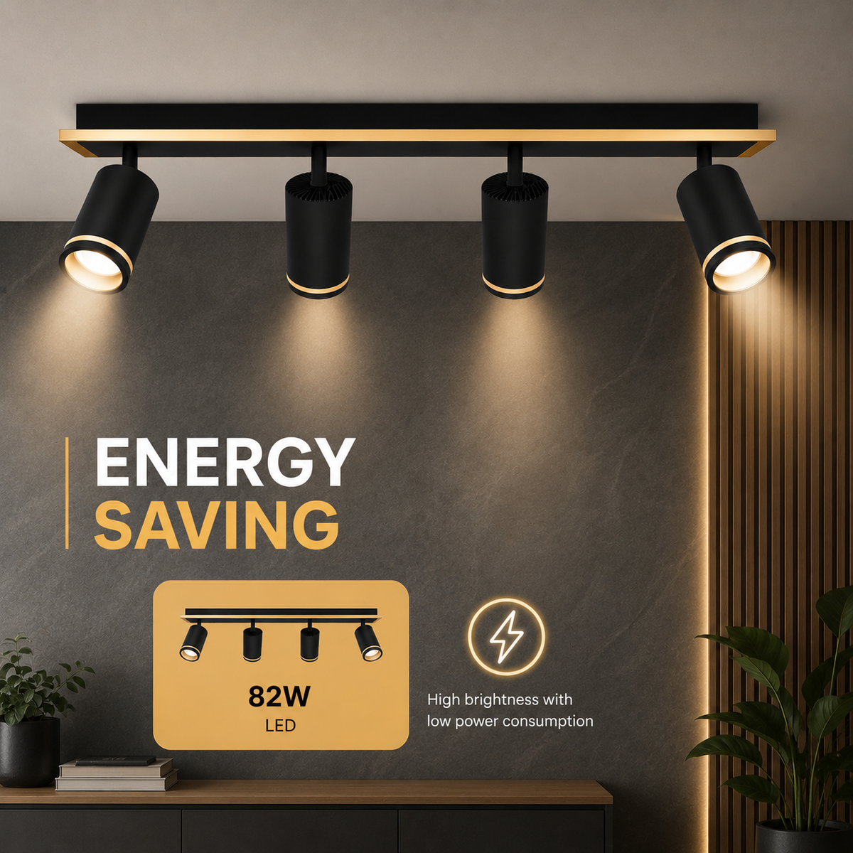 Spot LED aplicat negru, 82 W, 4 capete orientabile, 3 tonuri de lumină