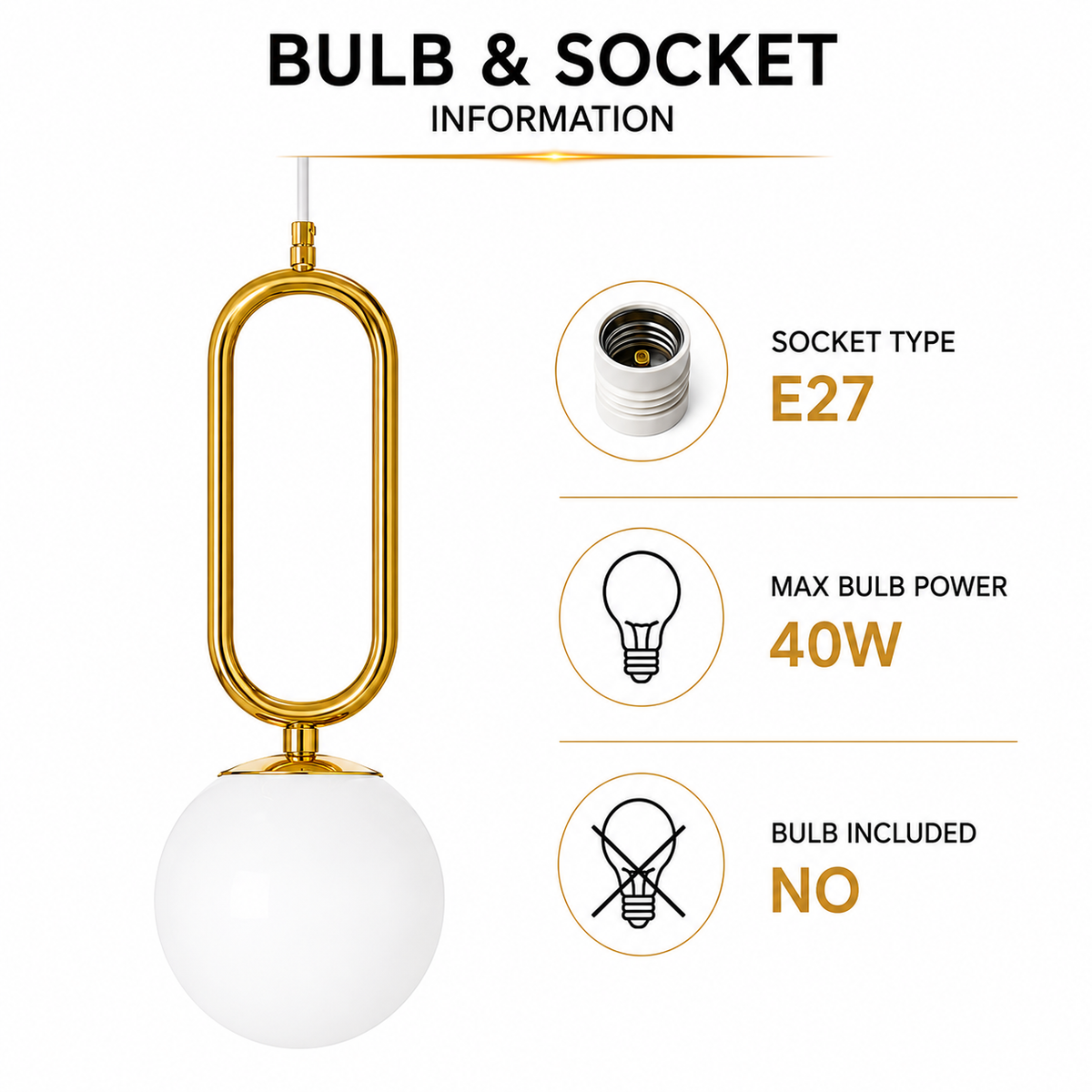 Pendul auriu cu glob din sticlă albă, soclu E27, max. 40 W