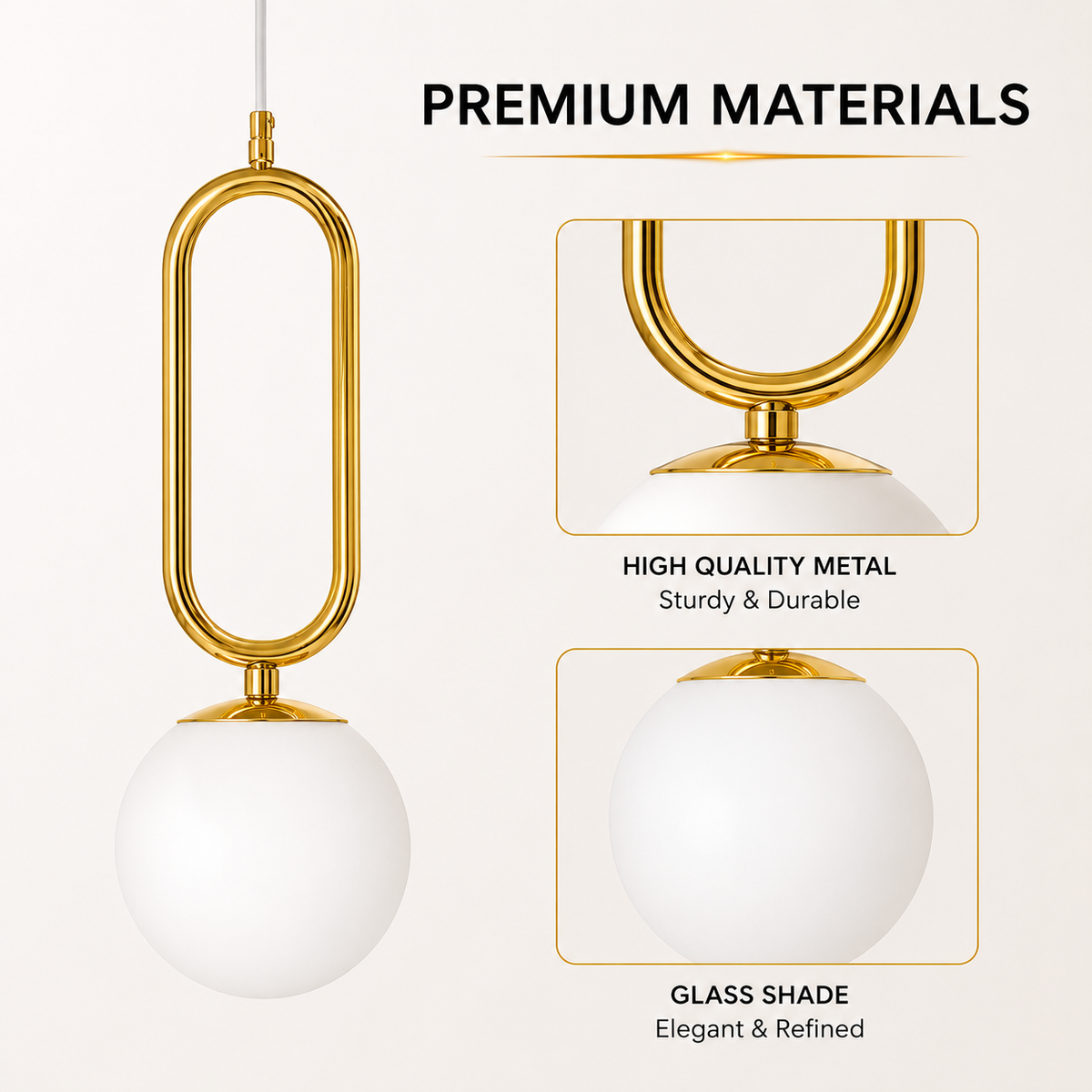 Pendul auriu cu glob din sticlă albă, soclu E27, max. 40 W