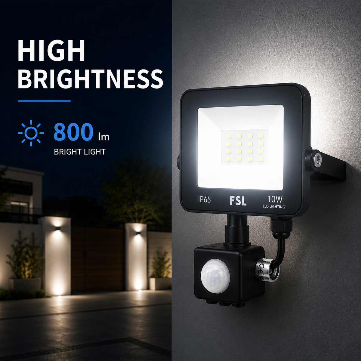 Proiector LED exterior 10 W cu senzor de mișcare, 800 lm, 6500 K