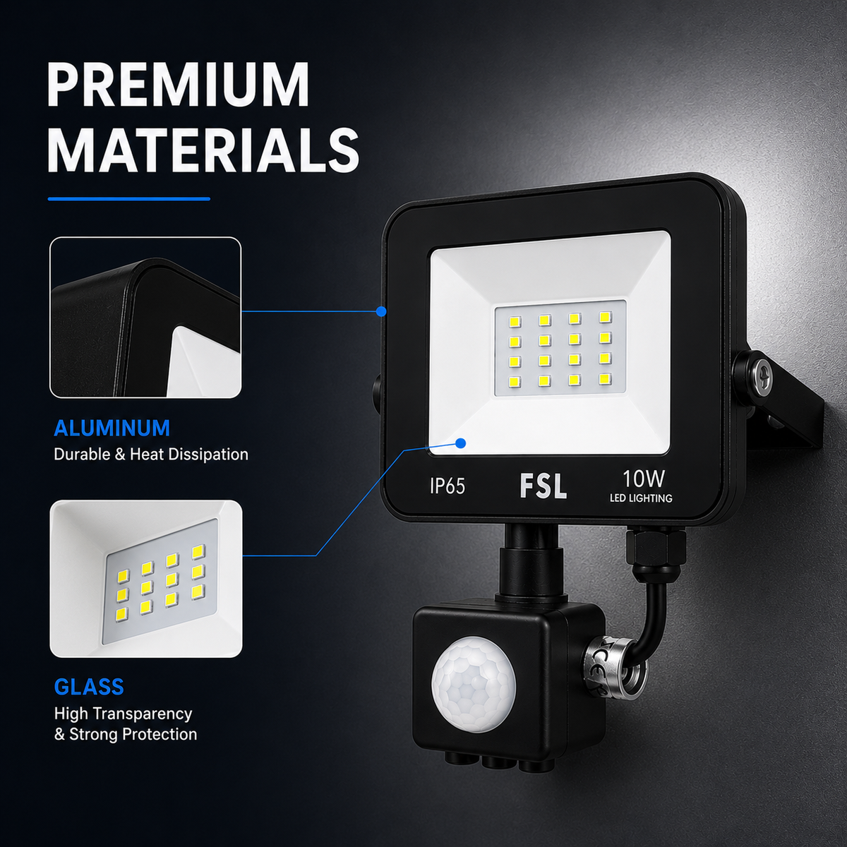 Proiector LED exterior 10 W cu senzor de mișcare, 800 lm, 6500 K