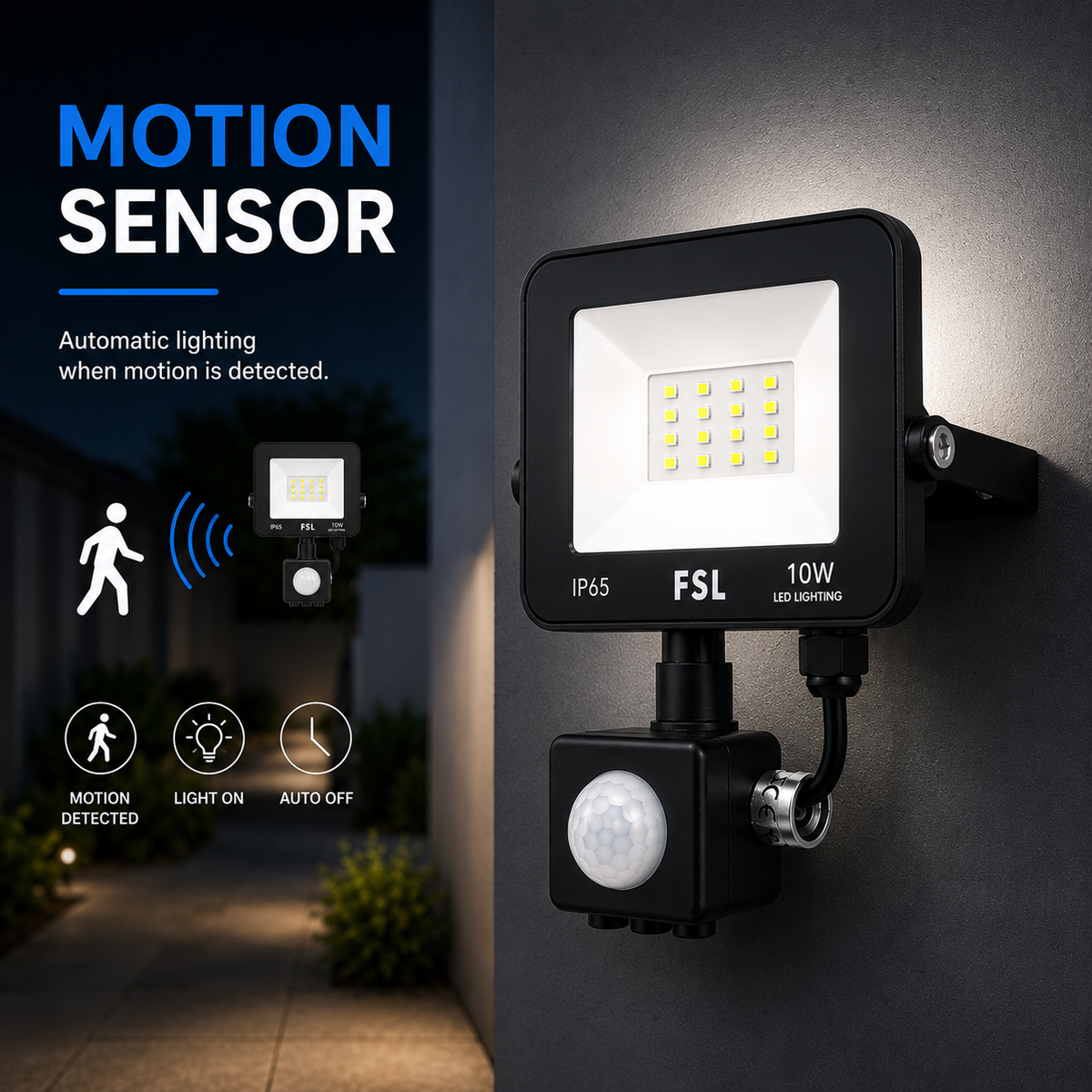 Proiector LED exterior 10 W cu senzor de mișcare, 800 lm, 6500 K