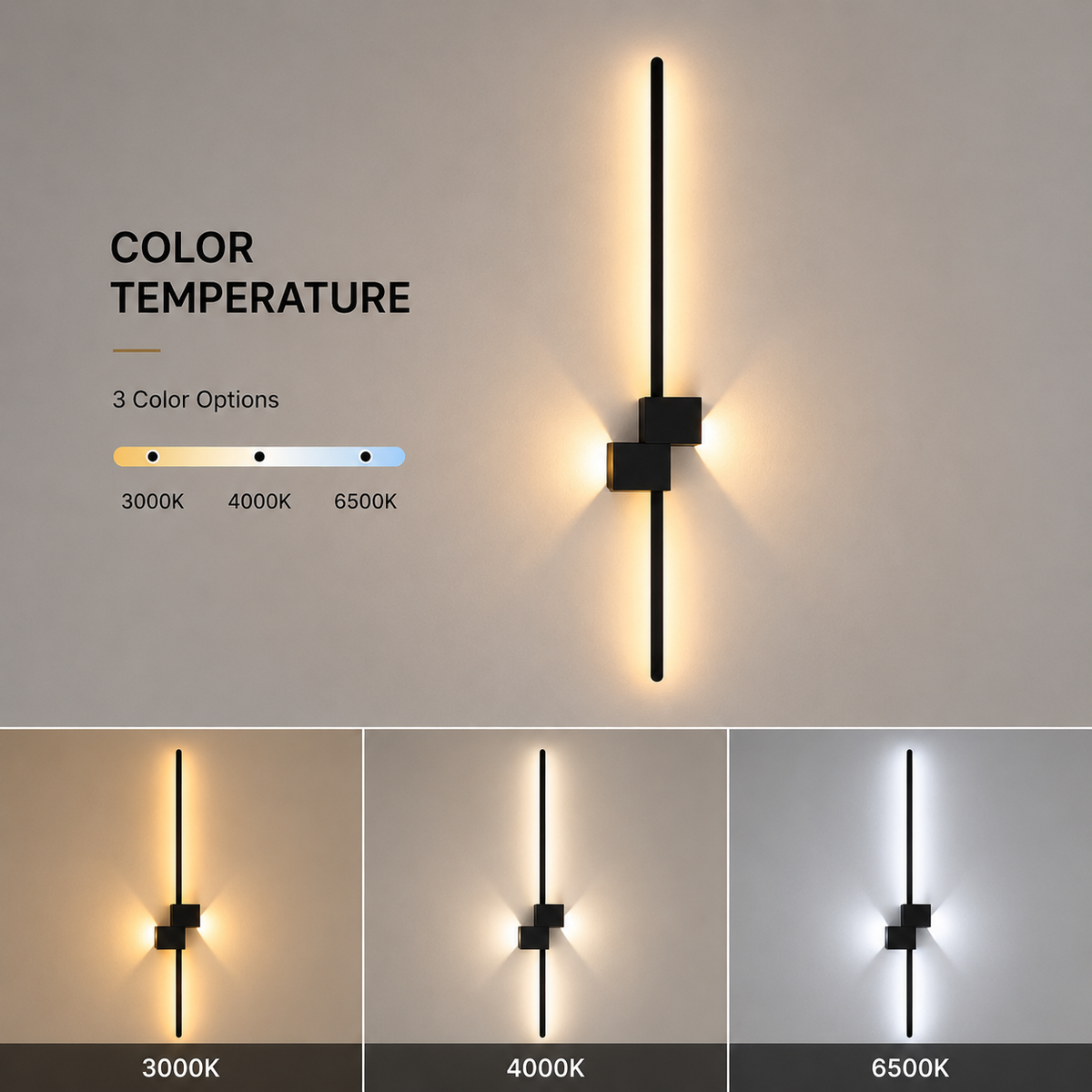 Aplica LED de perete neagră, 100 cm, 38 W, 3 temperaturi de culoare