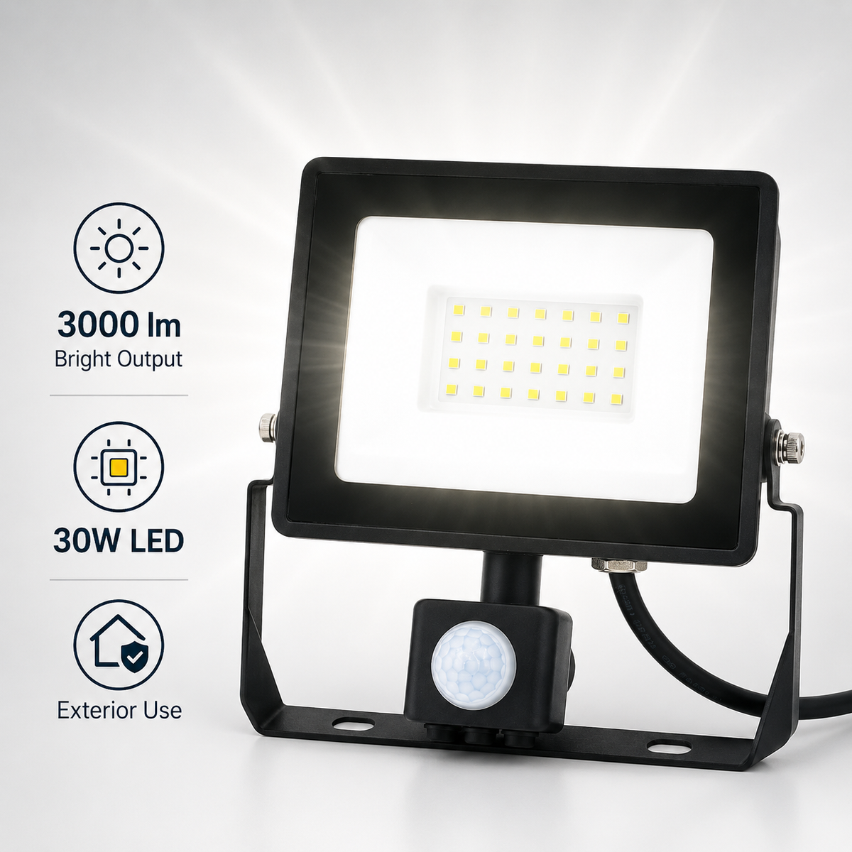Proiector LED exterior 30 W cu senzor de mișcare, 3000 lm, 6500 K