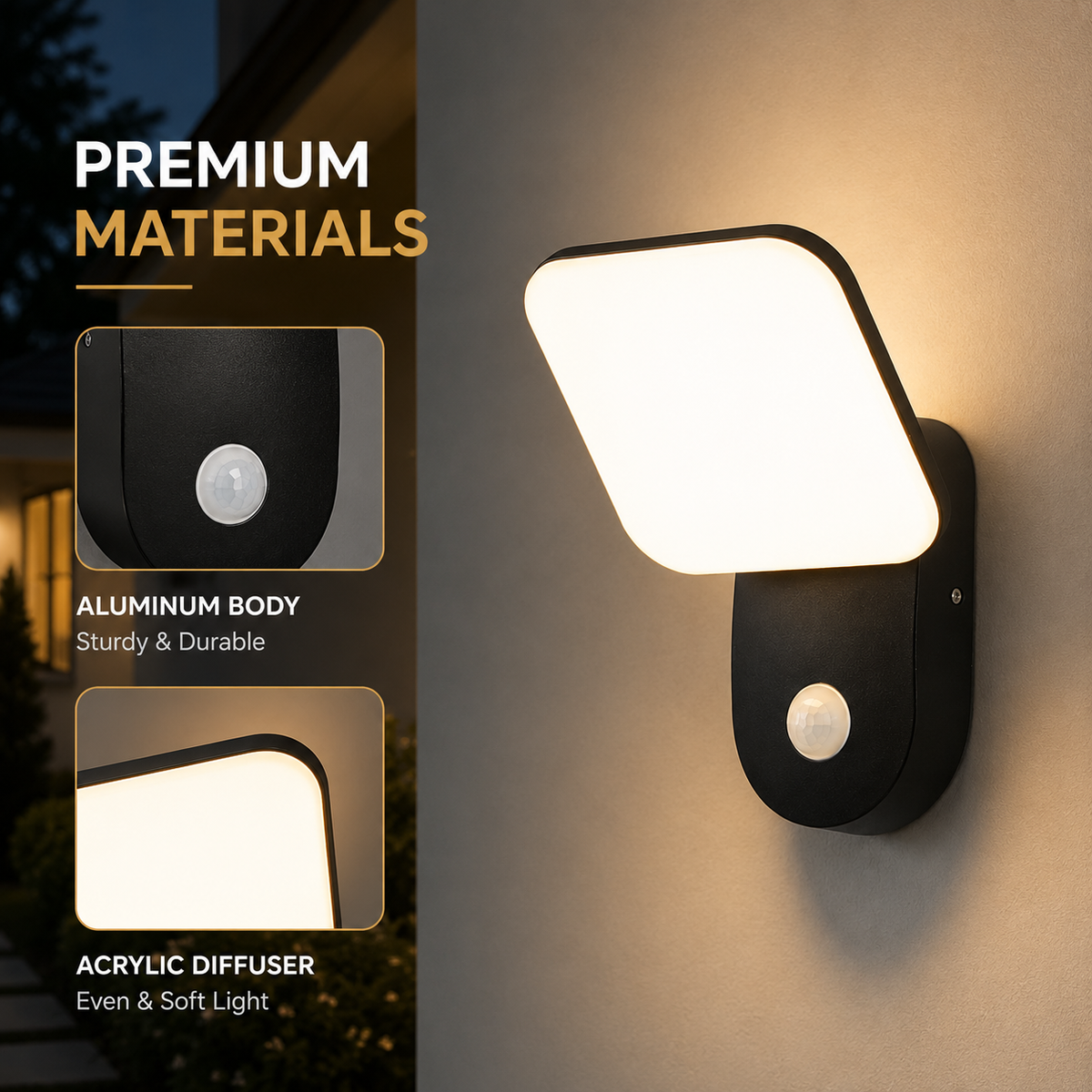 Aplică LED de exterior neagră, cu senzor de mișcare, IP65, lumină caldă