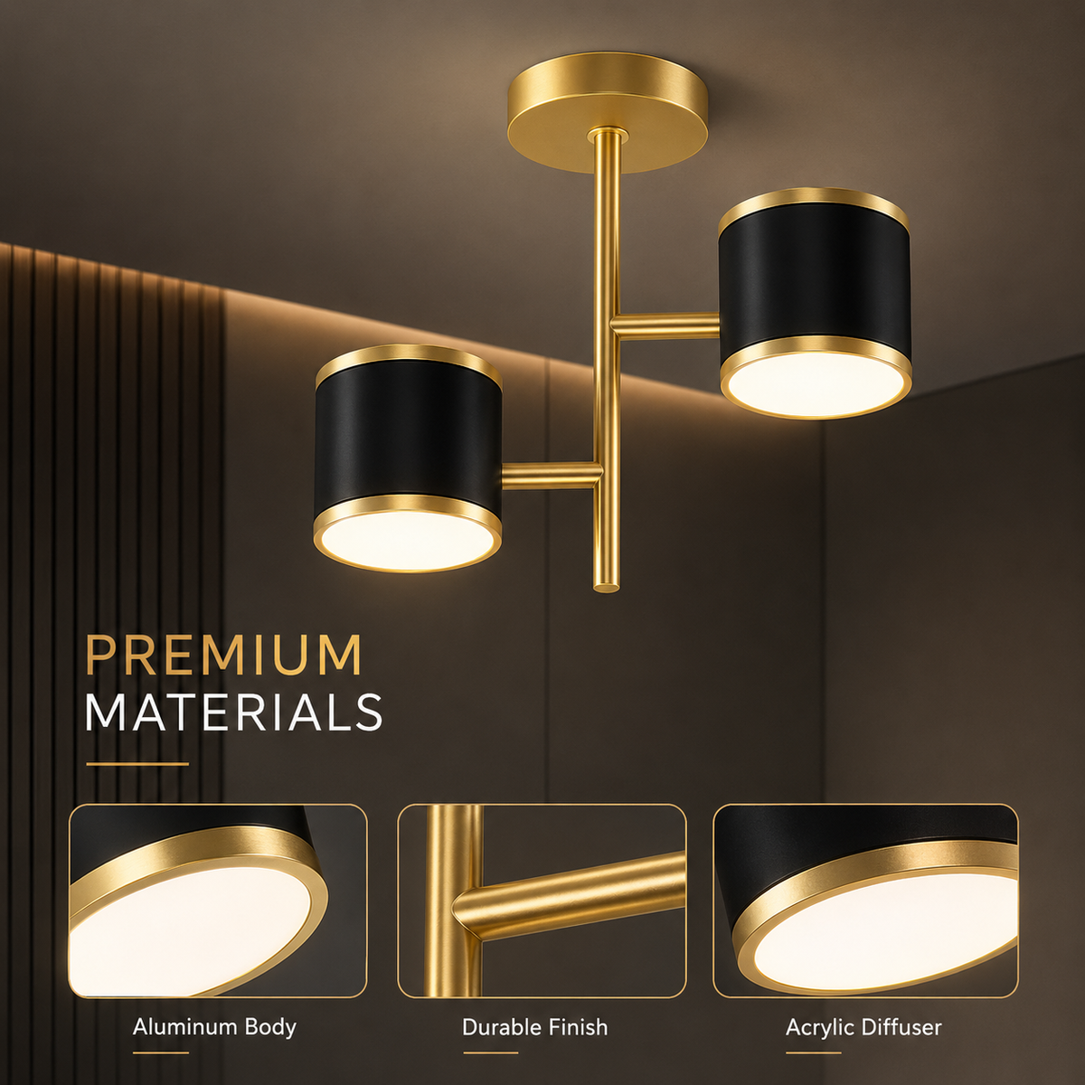Plafonieră LED modernă neagră și aurie, 14 W, 3 tipuri de lumină
