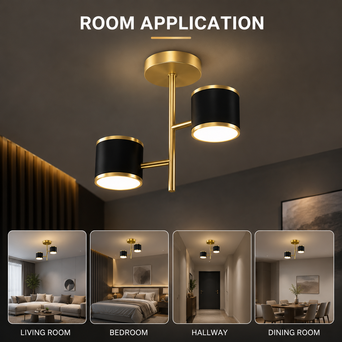Plafonieră LED modernă neagră și aurie, 14 W, 3 tipuri de lumină