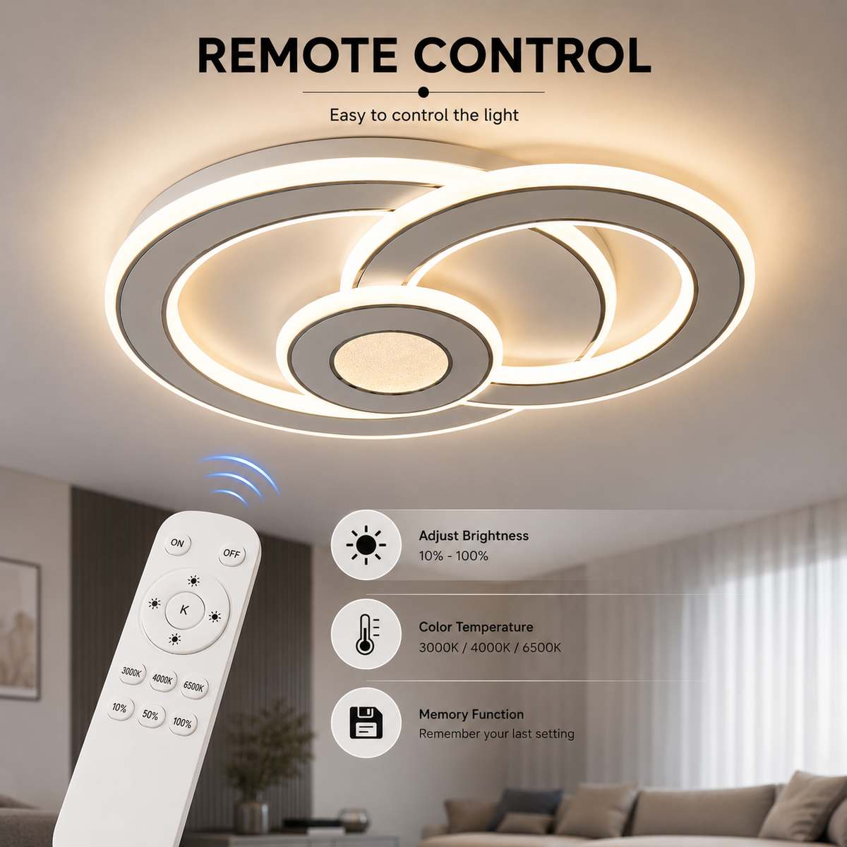 Plafonieră LED dimabilă cu Wi-Fi, telecomandă și 3 culori de lumină