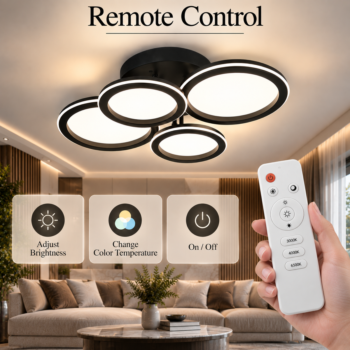 Plafonieră LED neagră 55 cm, 120 W, dimabilă, WiFi și telecomandă