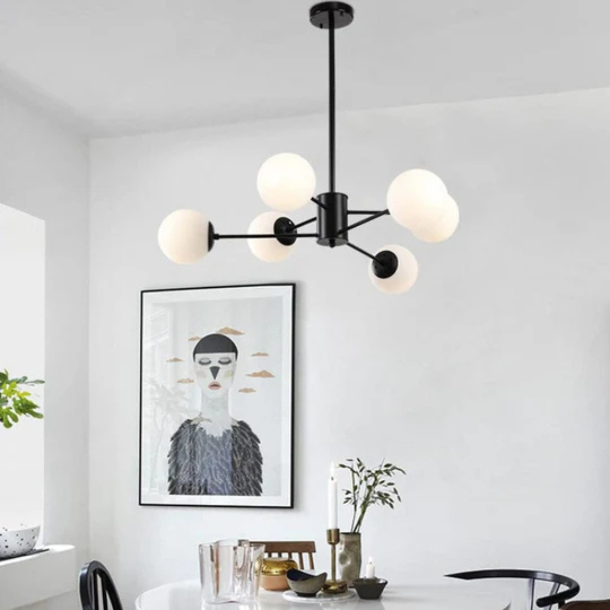 Plafonieră tip candelabru neagră, 6 socluri E27, design 3+3