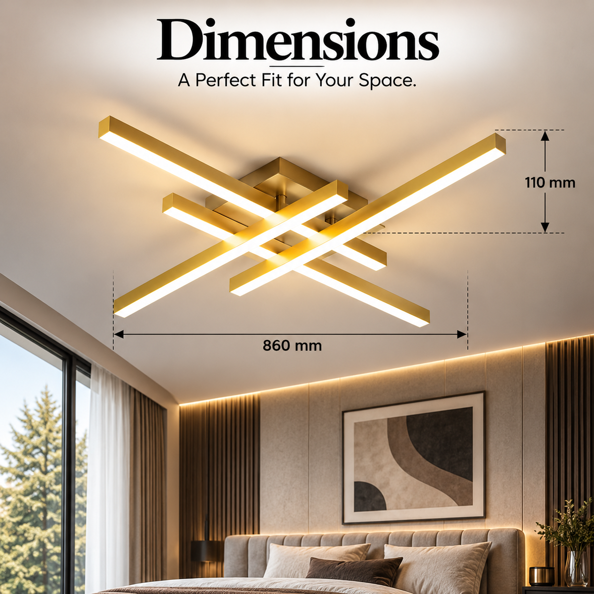 Plafonieră LED aurie cu 4 lumini, 66 W, dimabilă, cu telecomandă
