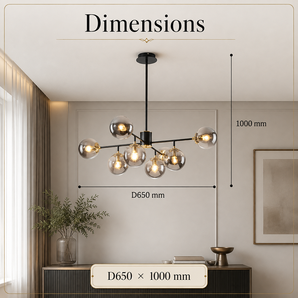 Lustră din metal și sticlă fumurie, 8 x E27, 65 x 100 cm