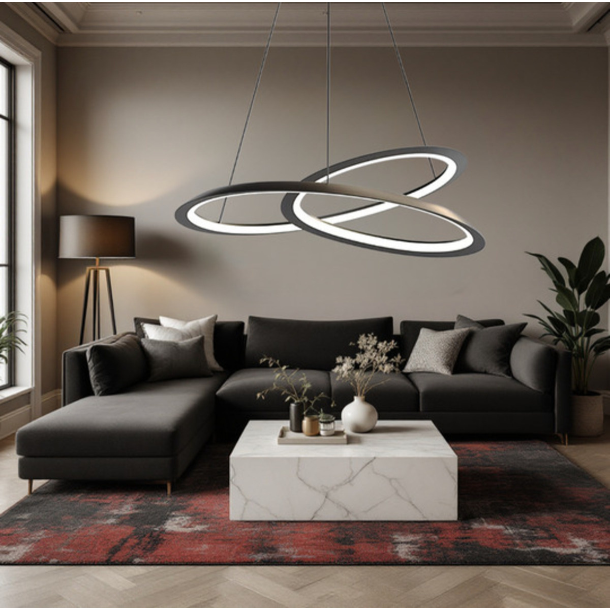 Pendul LED cu inele, negru, cu telecomandă și lumină reglabilă