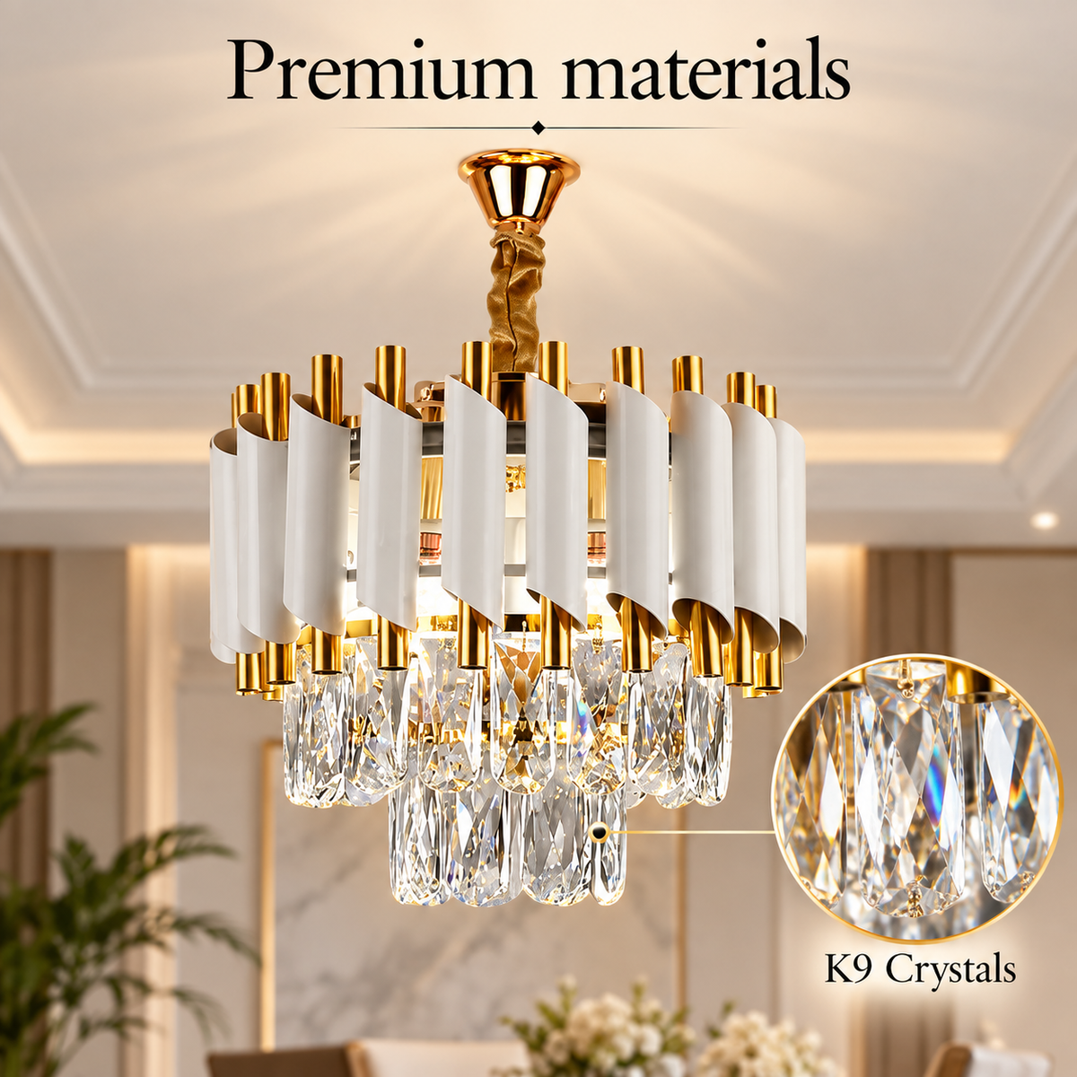 Candelabru cu cristale, alb-auriu, Ø30 cm, 3 x E14