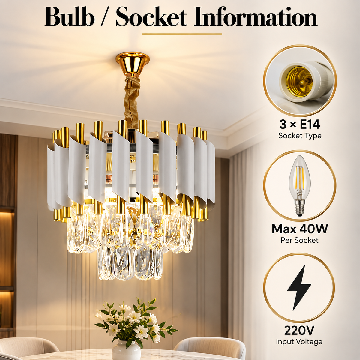 Candelabru cu cristale, alb-auriu, Ø30 cm, 3 x E14