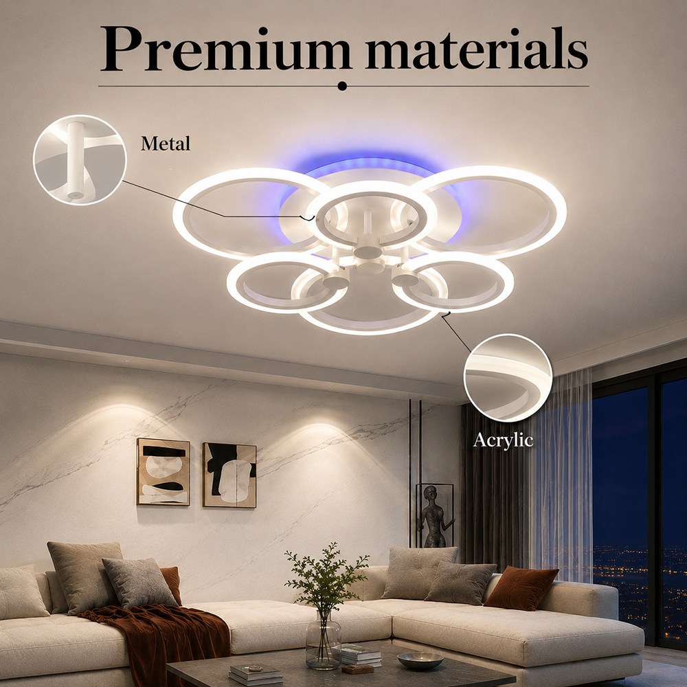 Plafonieră LED RGB cu 6 inele, dimabilă, Wi-Fi și telecomandă