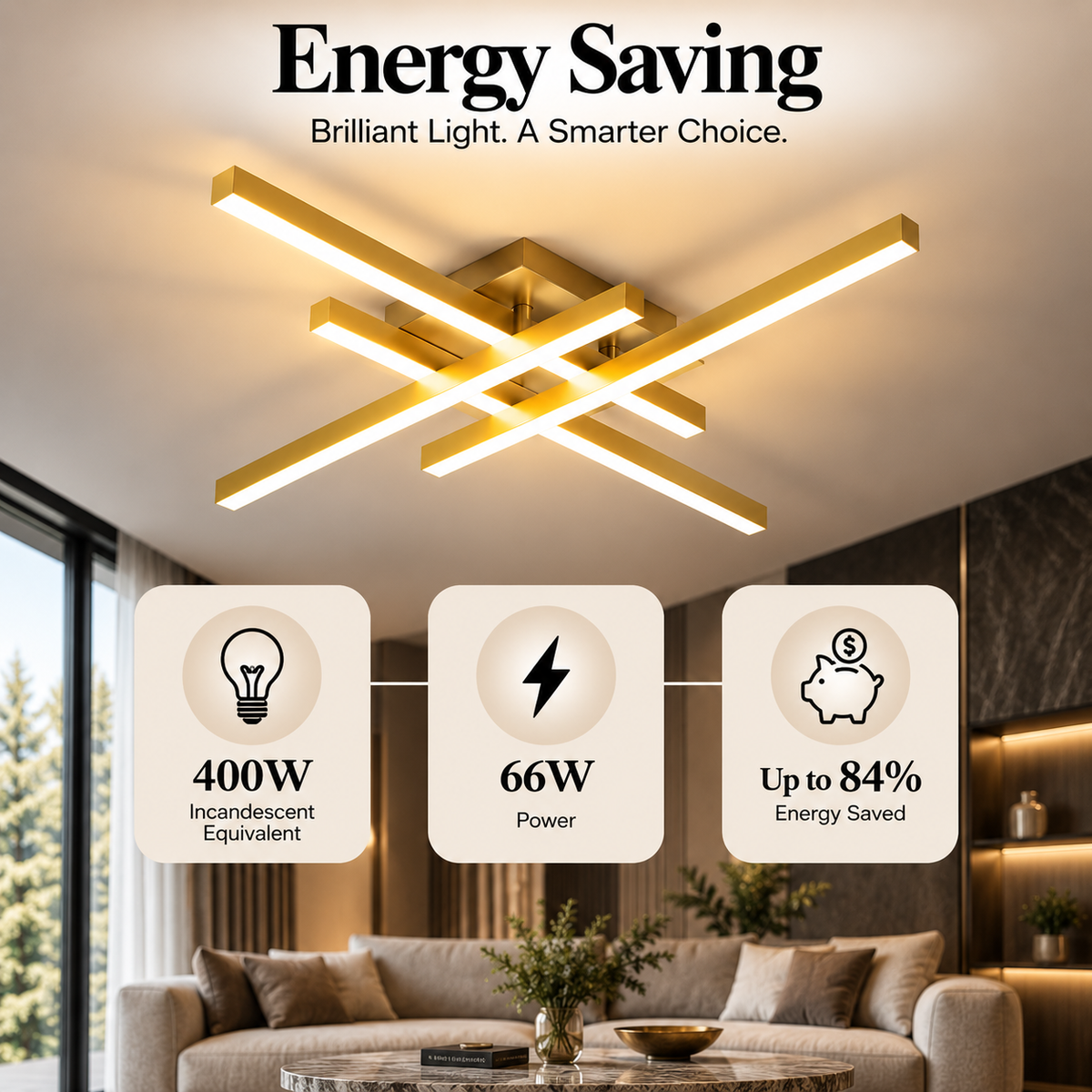 Plafonieră LED aurie cu 4 lumini, 66 W, dimabilă, cu telecomandă
