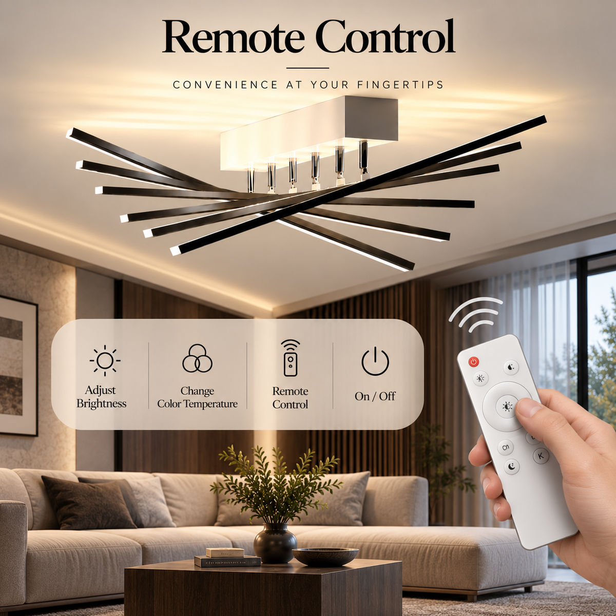 Plafonieră LED neagră 144 W, 6 surse, dimabilă, telecomandă, 3 culori