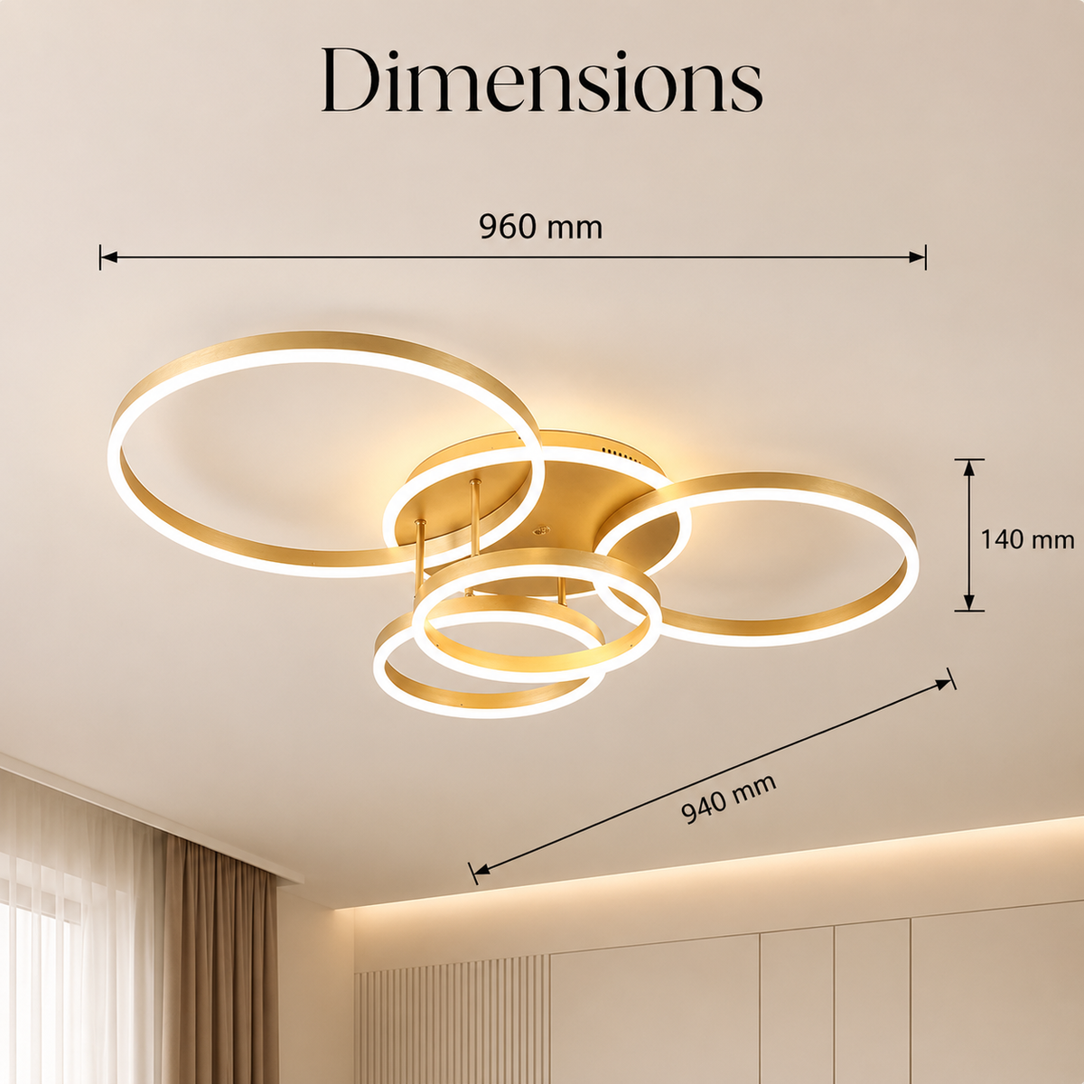 Plafonieră LED aurie, 4 inele, dimabilă, Wi-Fi, telecomandă, 60+50+40+30 cm