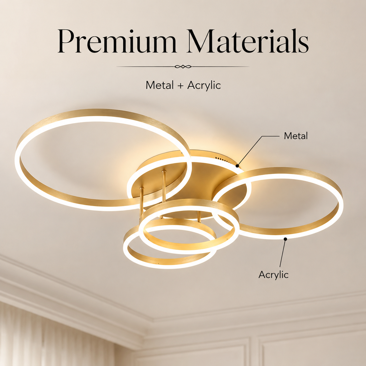 Plafonieră LED aurie, 4 inele, dimabilă, Wi-Fi, telecomandă, 60+50+40+30 cm