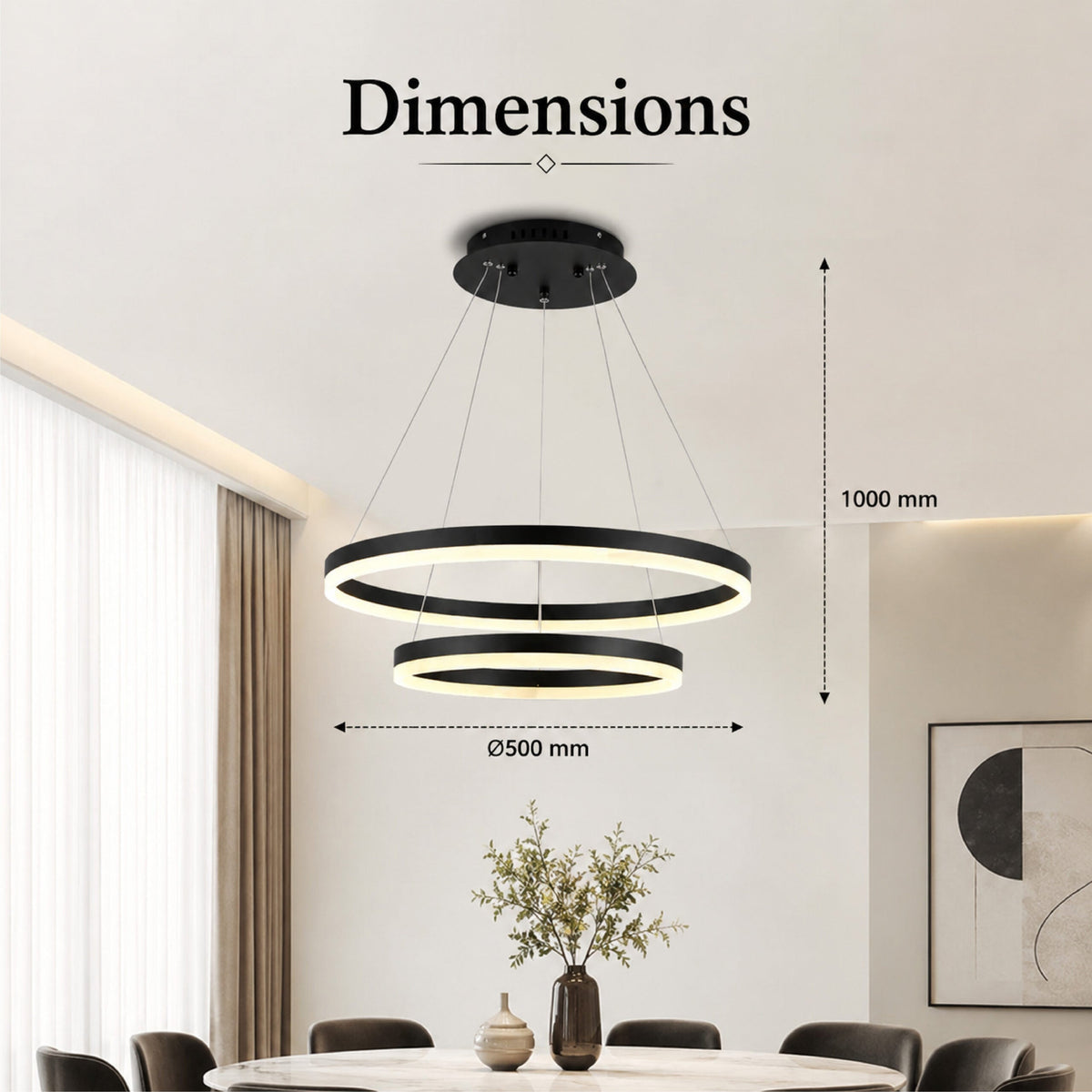 Plafonieră LED neagră 2 inele, 43 W, Wi-Fi, telecomandă, dimabilă, 3 culori