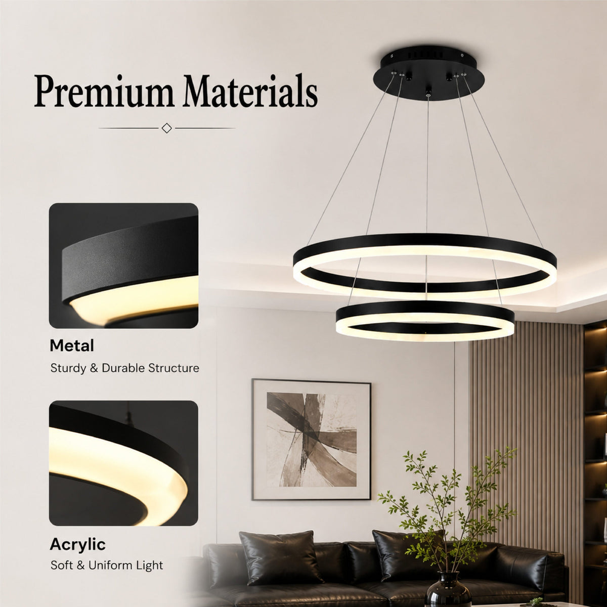 Plafonieră LED neagră 2 inele, 43 W, Wi-Fi, telecomandă, dimabilă, 3 culori