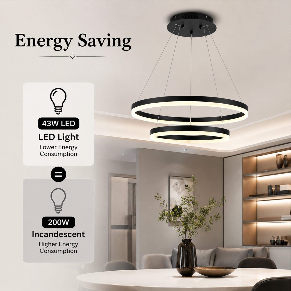 Plafonieră LED neagră 2 inele, 43 W, Wi-Fi, telecomandă, dimabilă, 3 culori