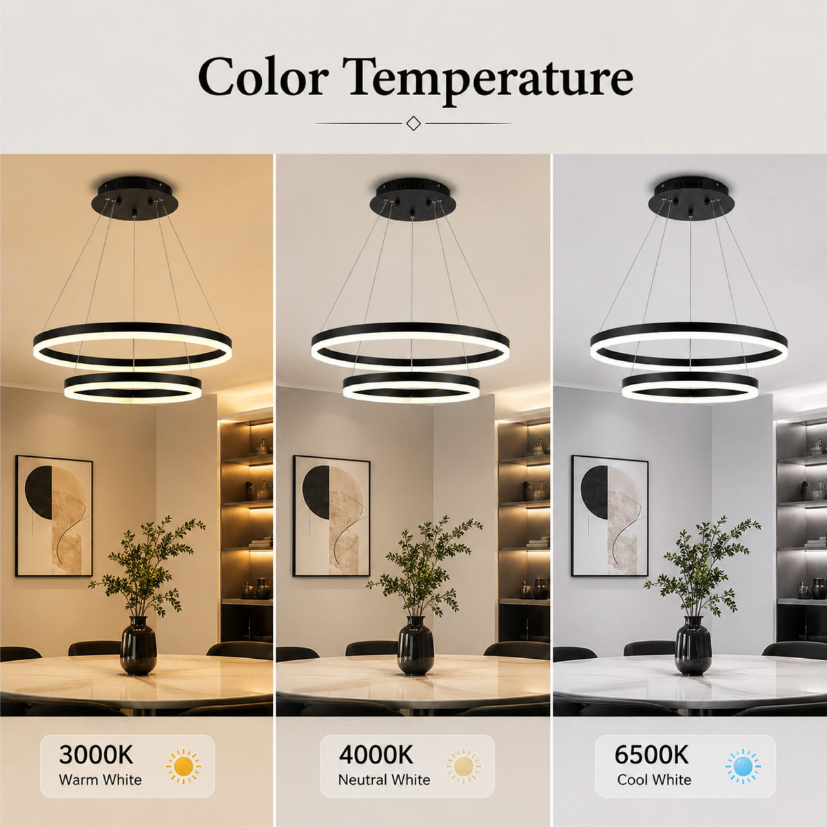 Plafonieră LED neagră 2 inele, 43 W, Wi-Fi, telecomandă, dimabilă, 3 culori