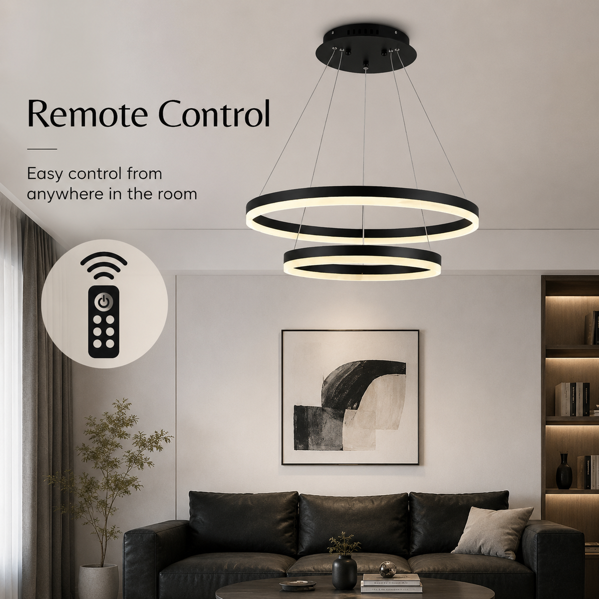Plafonieră LED neagră 2 inele, 43 W, Wi-Fi, telecomandă, dimabilă, 3 culori