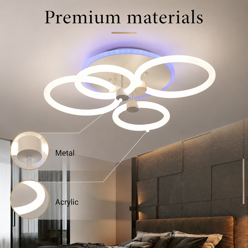 Plafonieră LED dimabilă cu 4 inele, 70 W, 55 cm, Wi-Fi și telecomandă